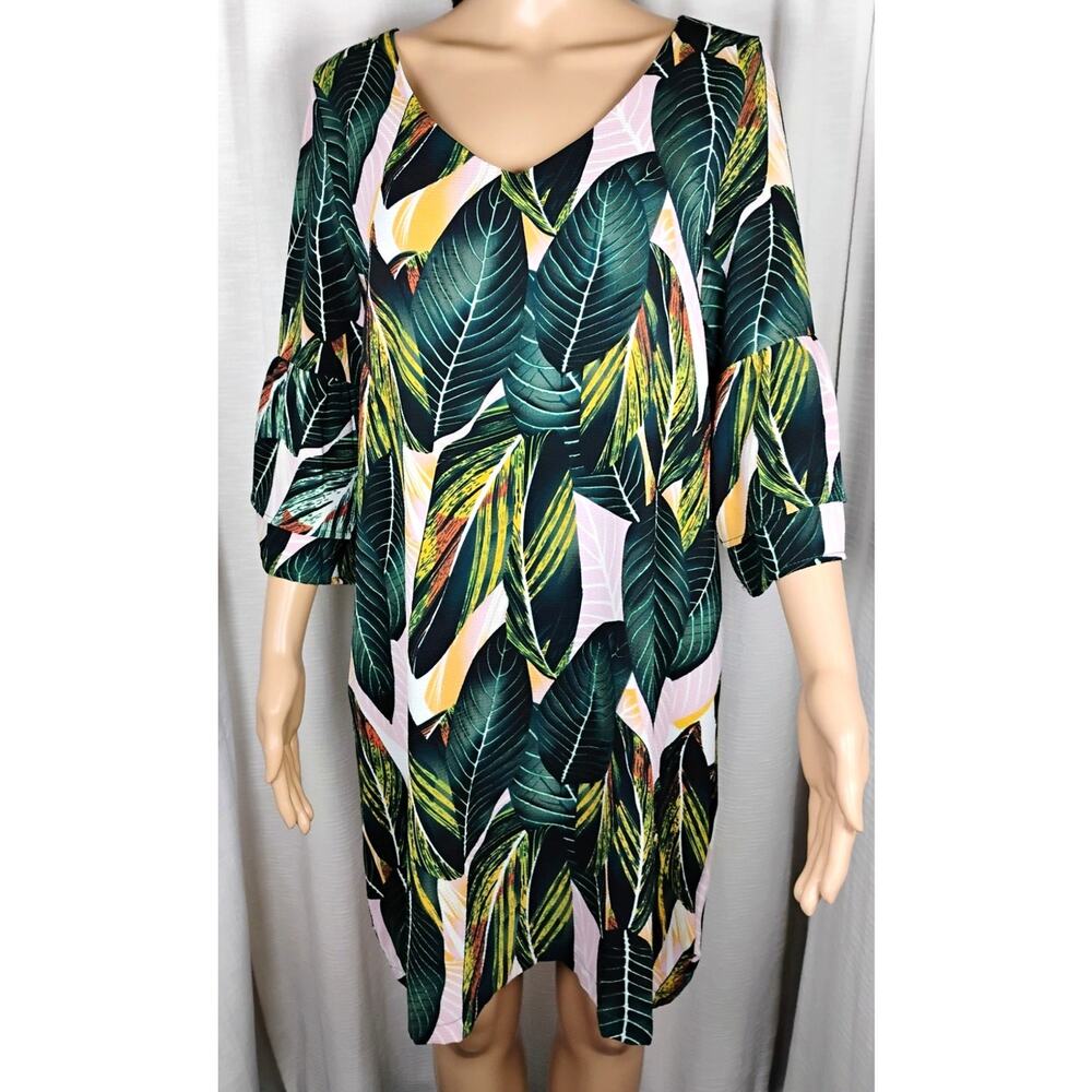 Belongsci Tropical Leaf Shift Midi Dress 3/4 Bell Sleeve Lined Resort Small